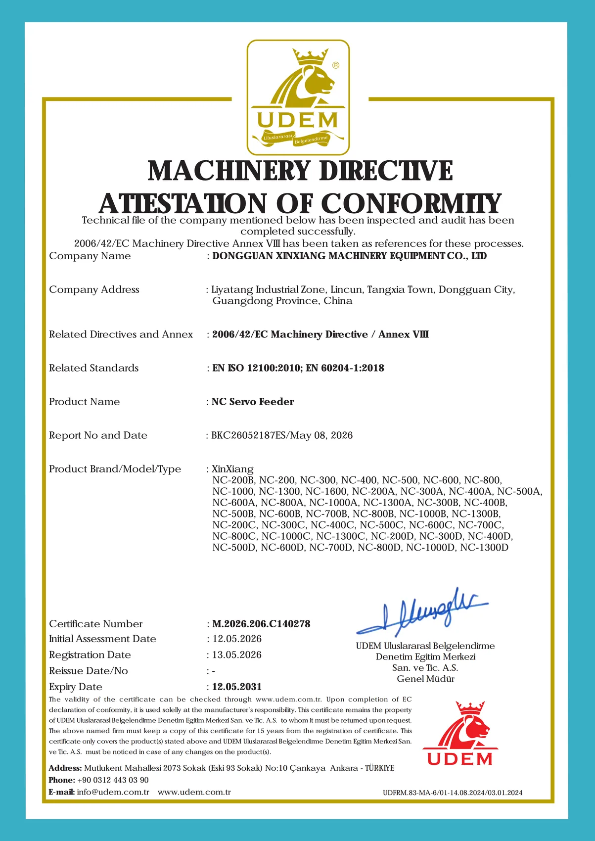Certificado CE original para alimentador servo NC