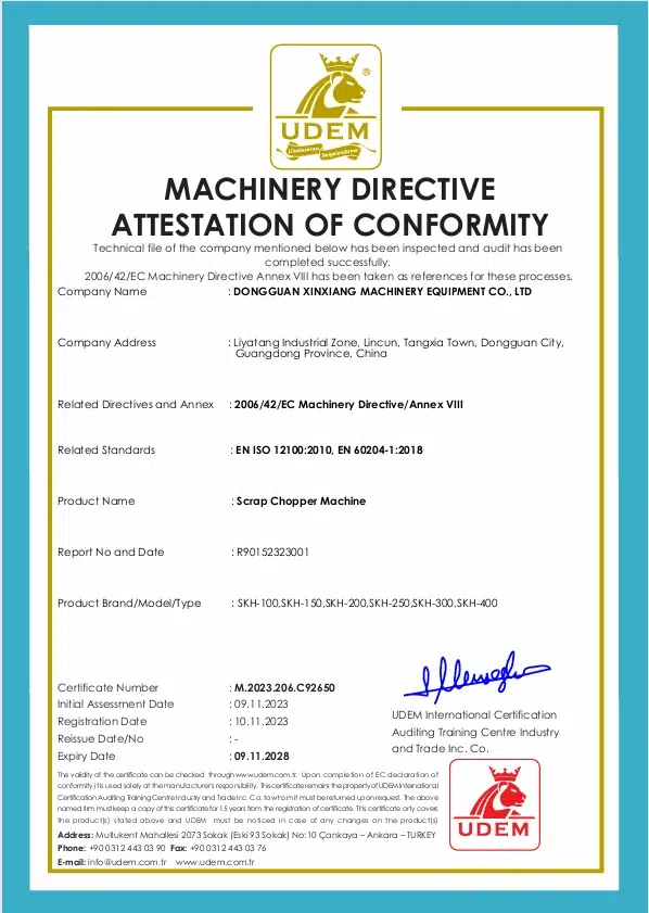 Certificado CE original para máquina cortadora de retal