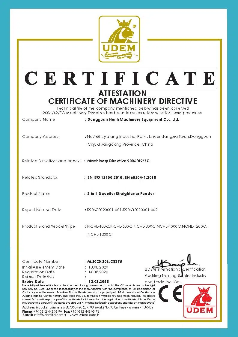 Certificado CE HENLI para línea de alimentación