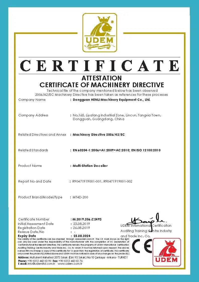 Certificado CE HENLI para desbobinador