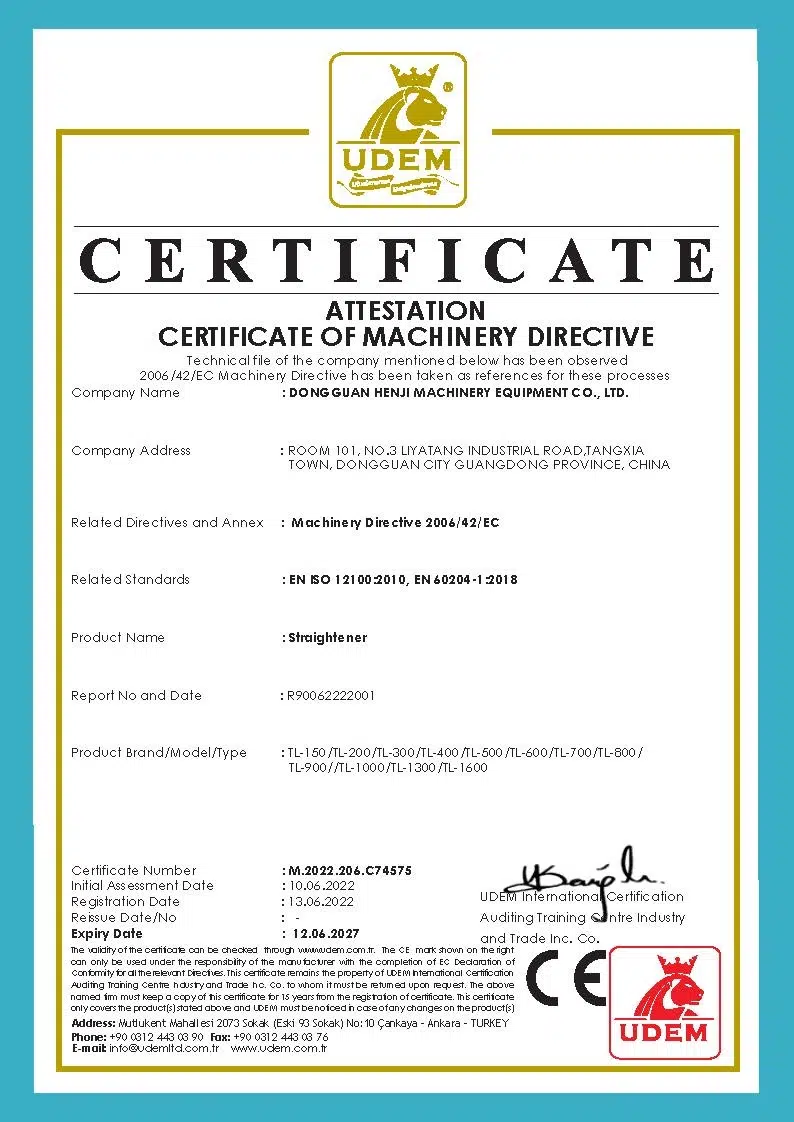 Certificado CE HENLI para enderezadora